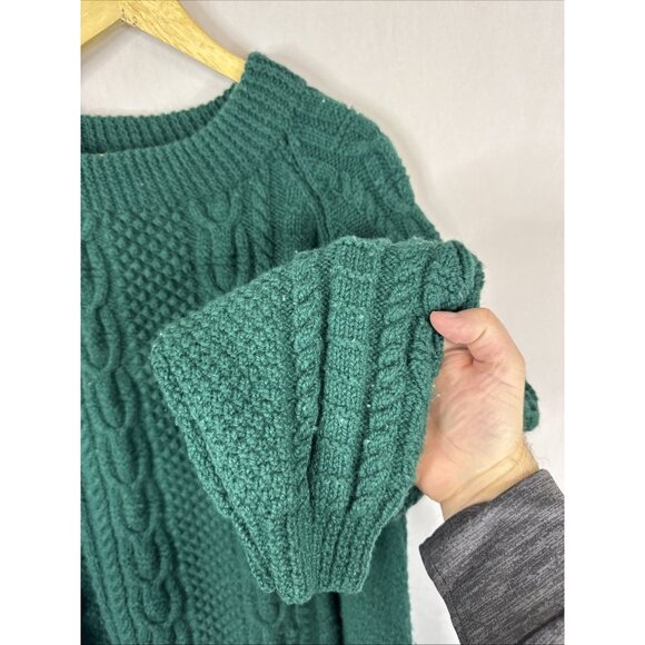 Hand Knit Cable Wool Fisherman Sweater Green Chunky Knit Men’s XL - Picture 2 of 5